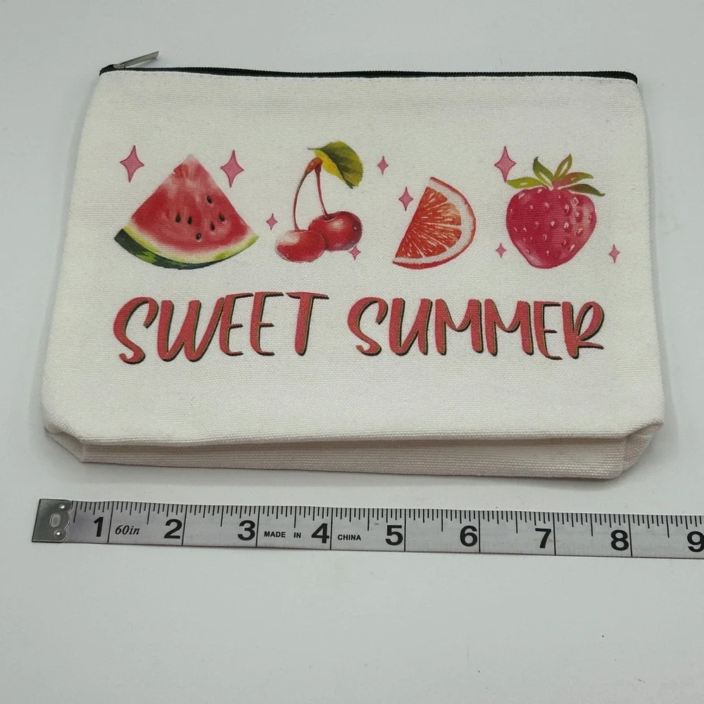 Sweet Summer Fruit Canvas Cosmetic Pouch Makeup‎ Bag with Cherry Bell Charm NWOT